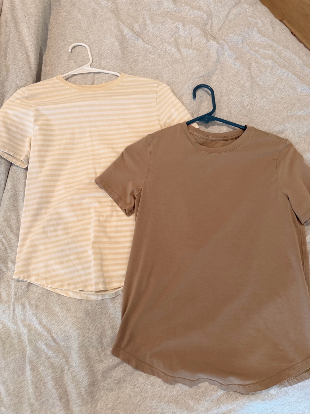 2 lululemon love crew tee size 2-Taupe and  tan/white stripes